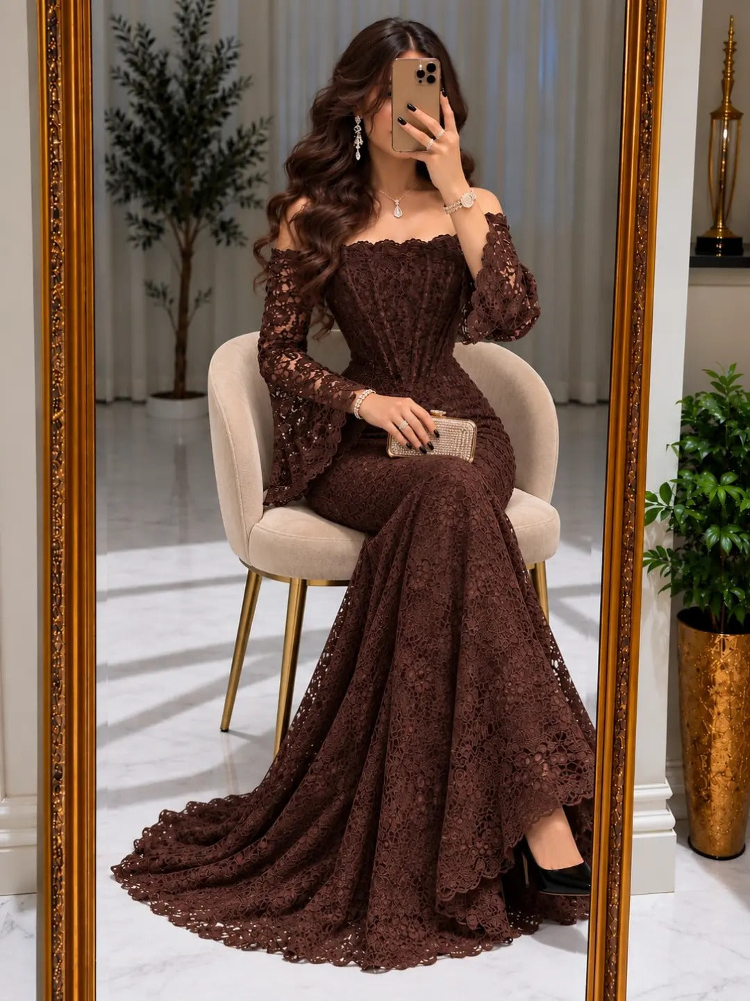 Off-Shoulder Lace Mermaid Gown with Long Sleeves