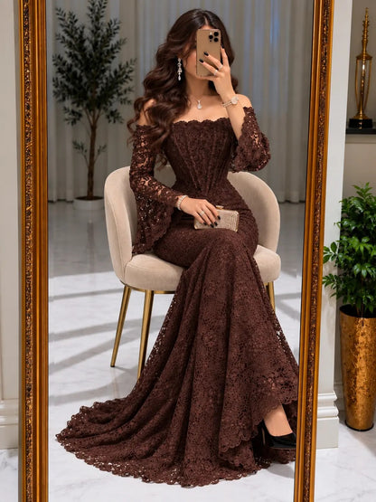 Off-Shoulder Lace Mermaid Gown with Long Sleeves