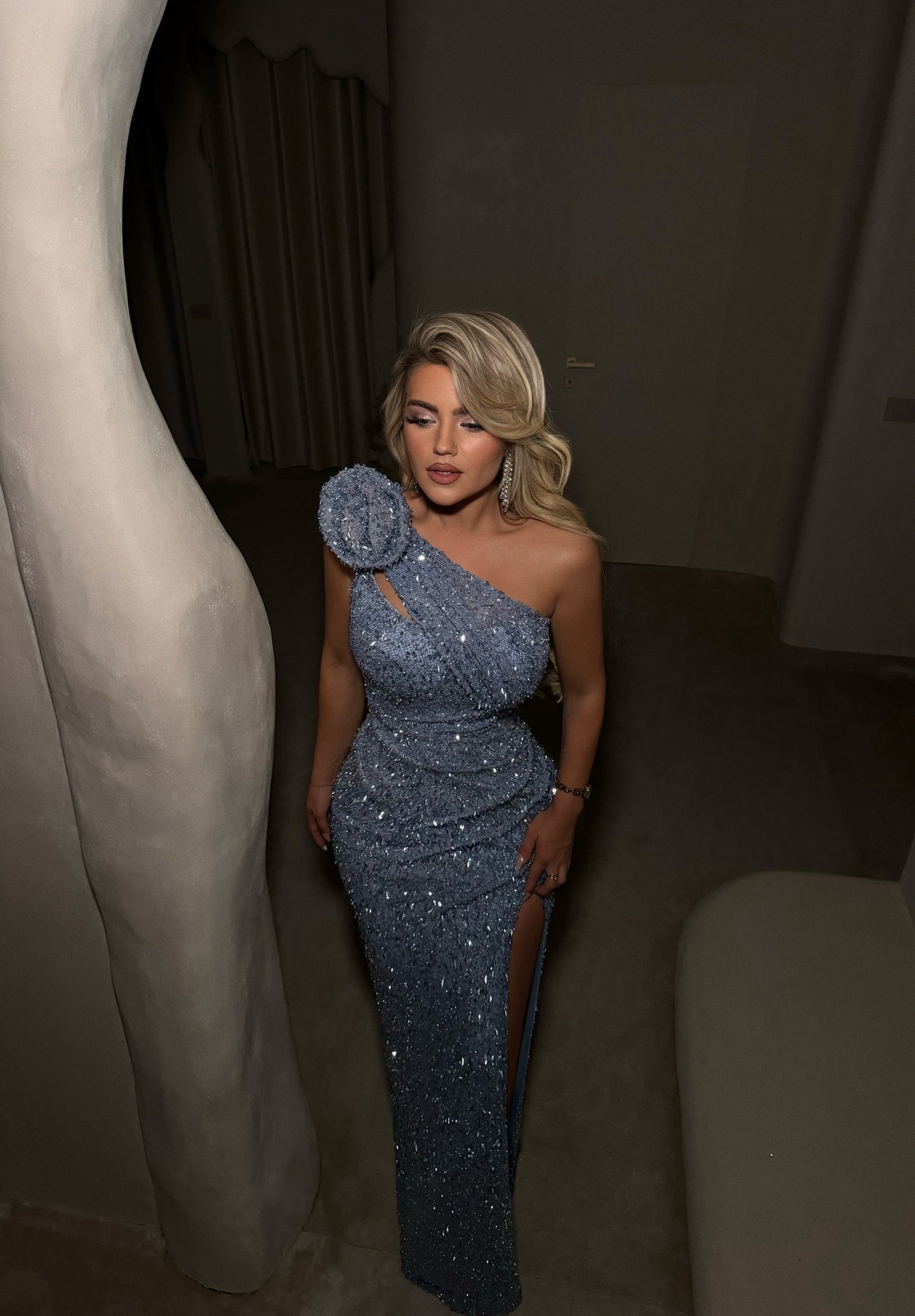 One-Shoulder Sequin Evening Gown with 3D Flower