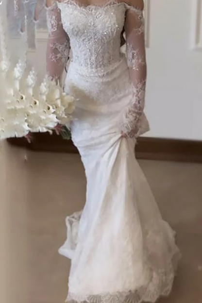 Off Shoulder Lace Mermaid Wedding Dress Long Sleeve