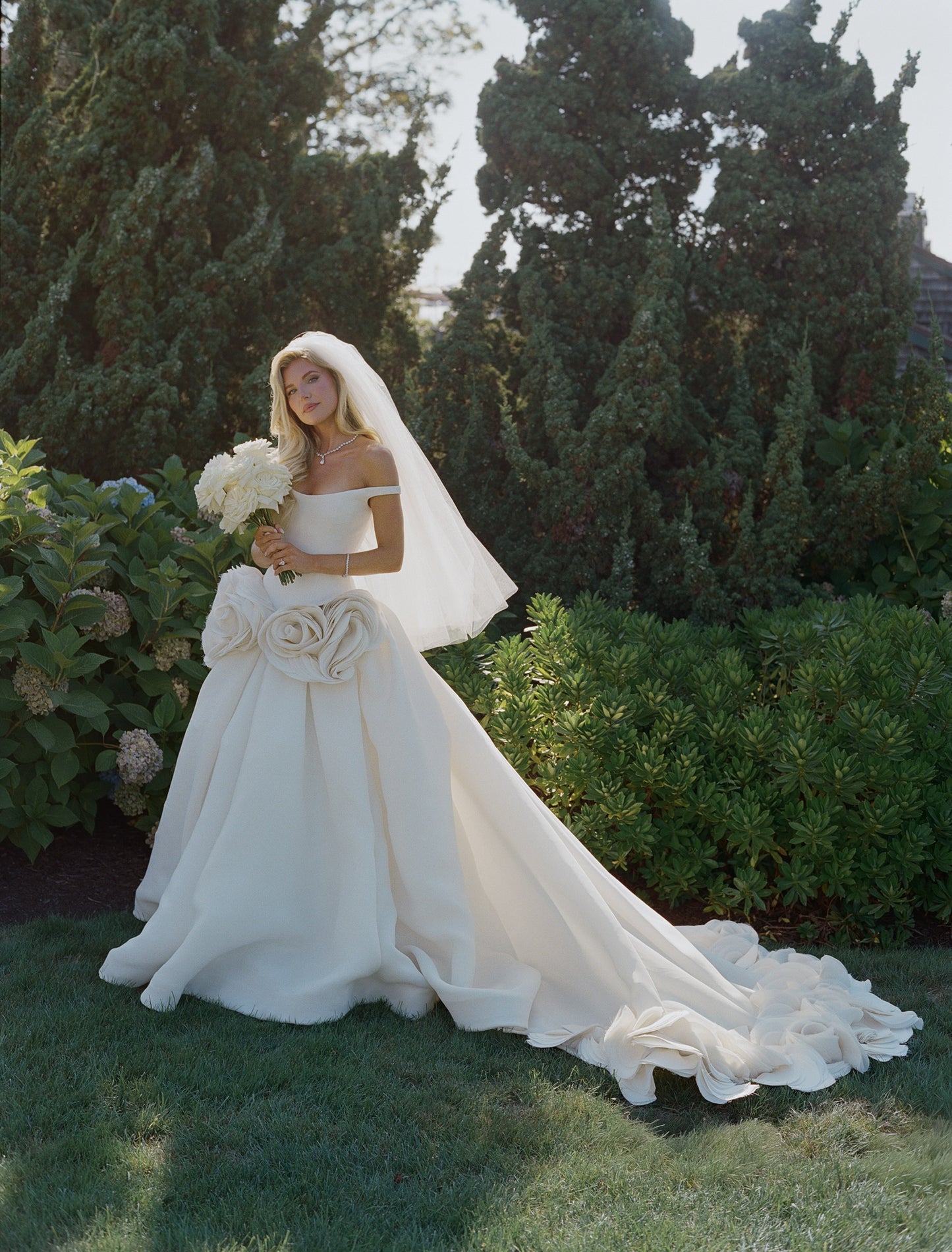 Off-the-Shoulder 3D Rosette Ball Gown Wedding Dress