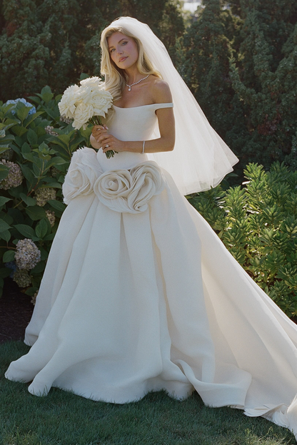 Off-the-Shoulder 3D Rosette Ball Gown Wedding Dress