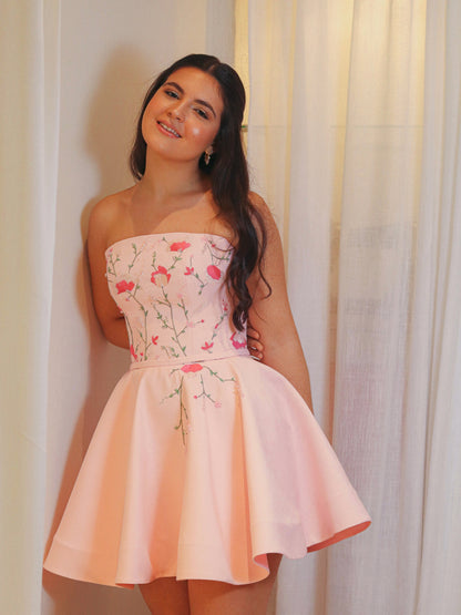 Strapless Floral Embroidered A-Line Mini Dress