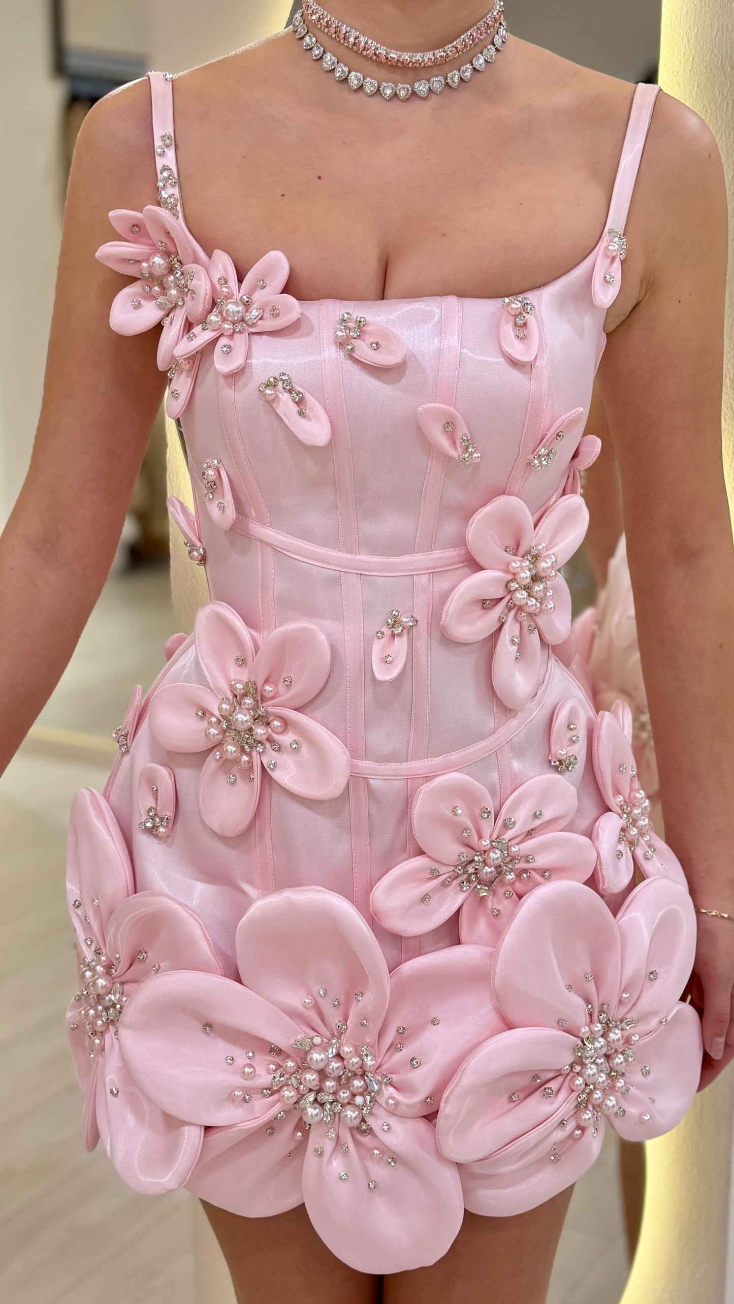3D Floral Corset Mini Dress with Spaghetti Straps