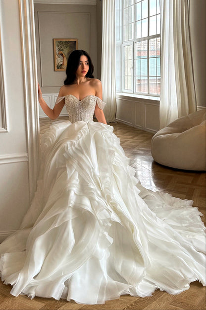 Beaded Bodice Tiered Ruffle Ball Gown Wedding Dress
