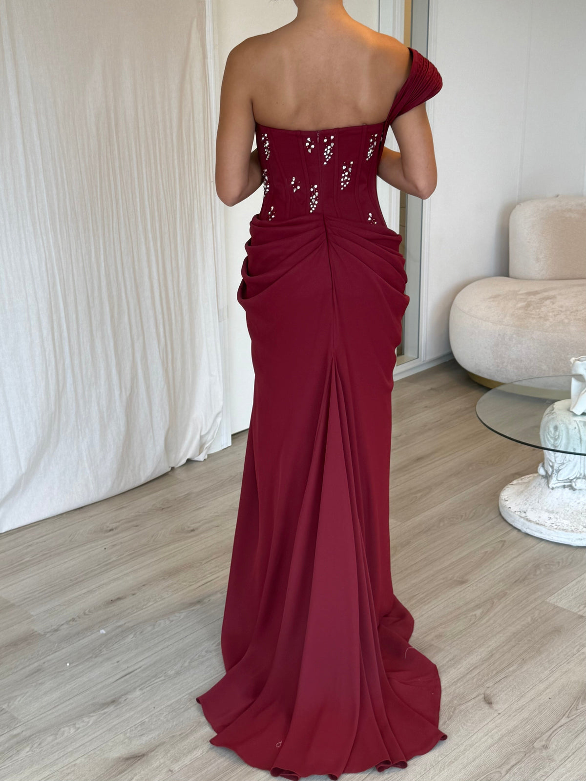 One-Shoulder Beaded Corset Draped Evening Gown