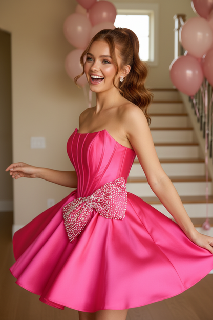 Strapless Satin Corset Mini Dress with Pearl Bow