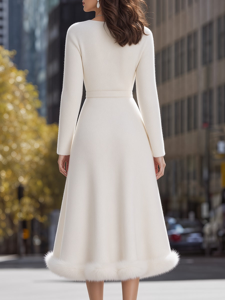 Long Sleeve Knit Wrap Midi Dress with Plush Trim