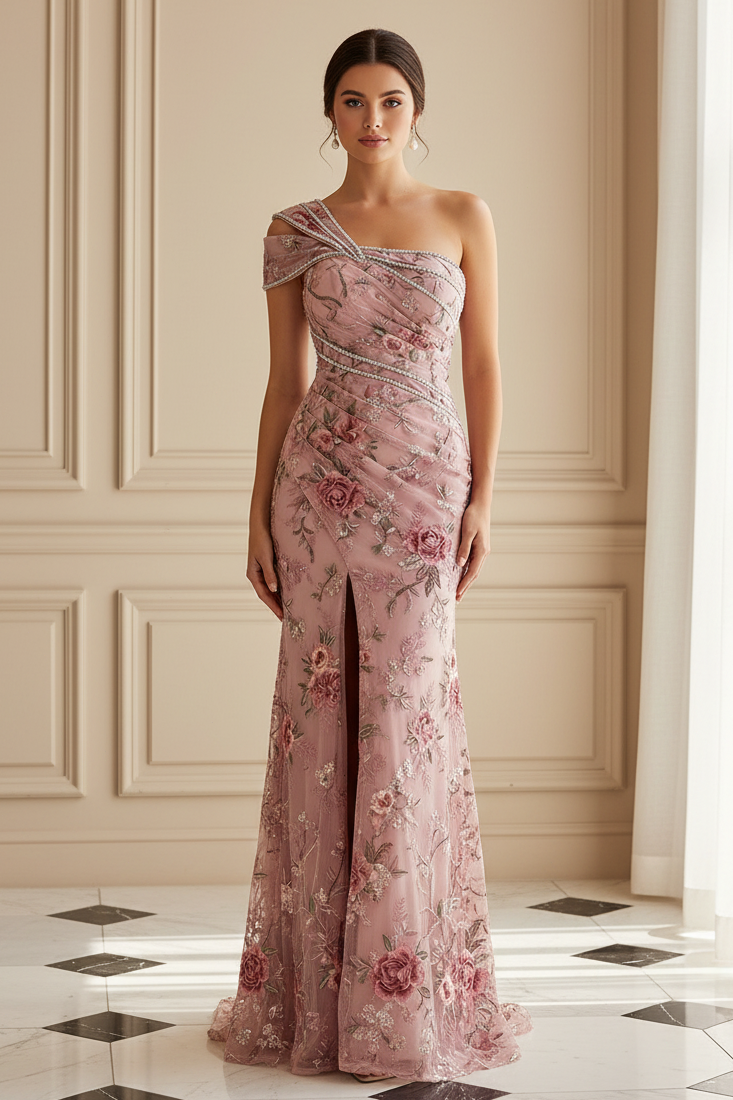 One-Shoulder Embroidered Evening Gown with High Slit