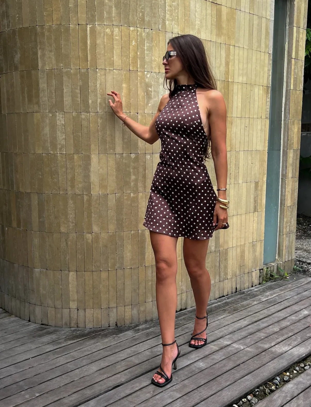 Satin Polka Dot Halter Neck Mini Dress