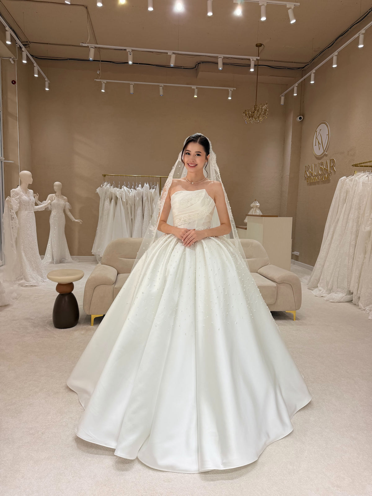 Strapless Asymmetric Pleated Pearl Ball Gown
