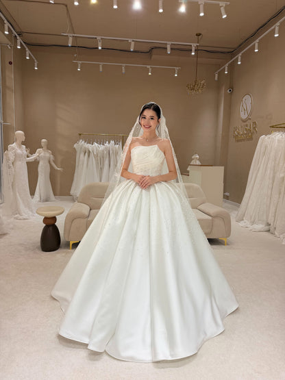 Strapless Asymmetric Pleated Pearl Ball Gown