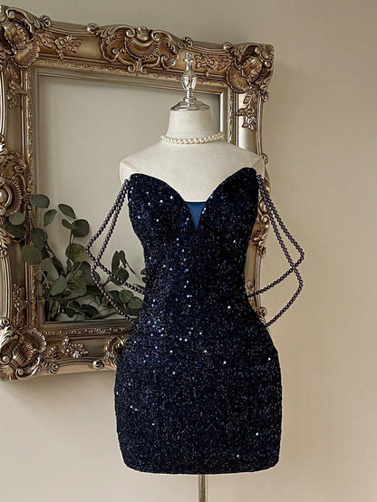 Sweetheart Sequin Mini Dress with Beaded Drapes