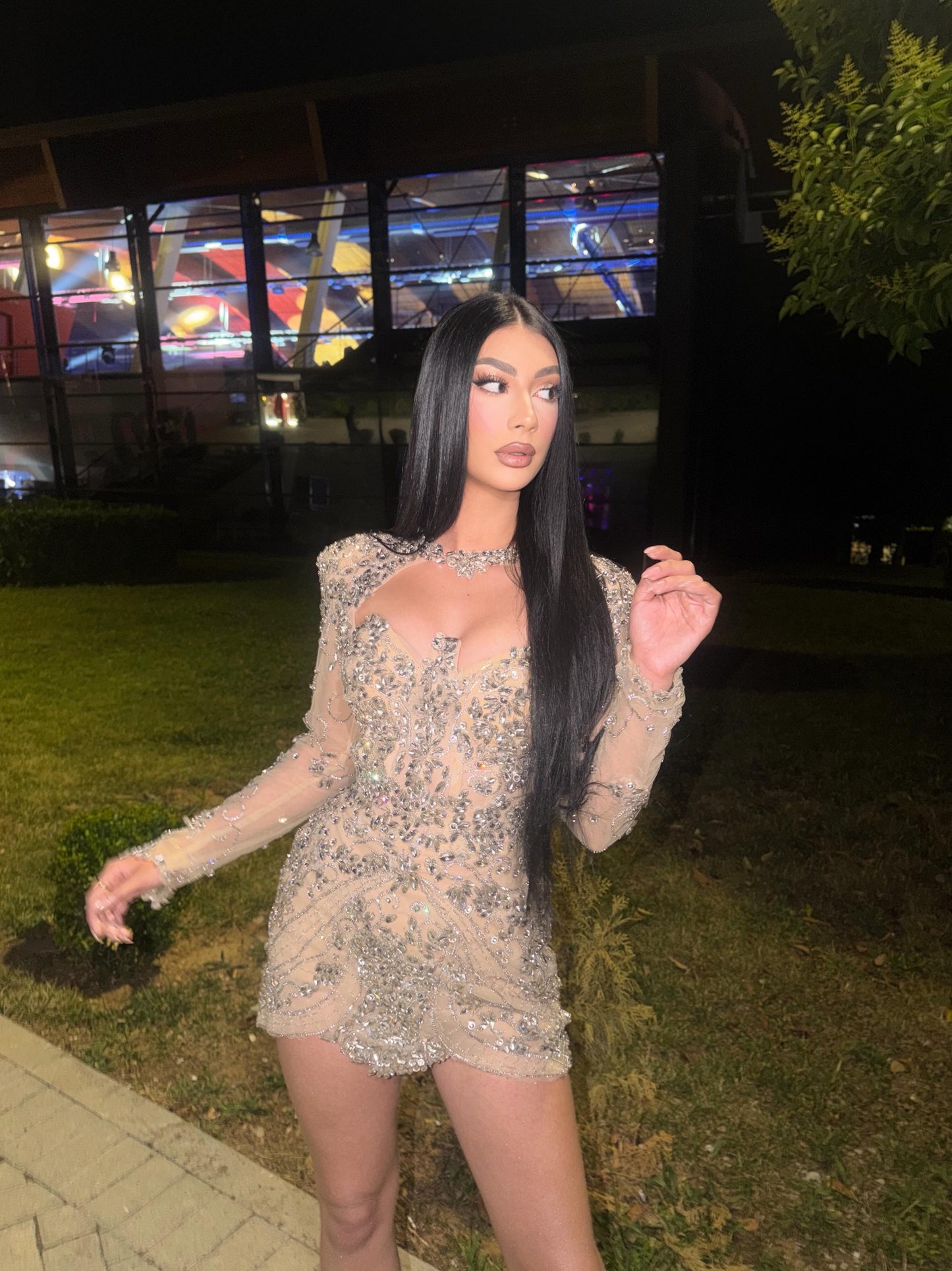 Rhinestone Embellished Cut-Out Mini Dress