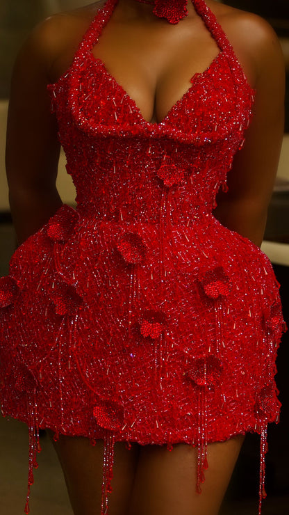 3D Floral Beaded Halter Mini Dress