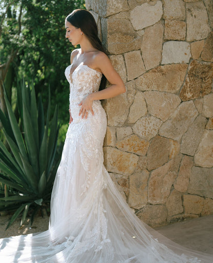 Strapless Plunging Lace Fit and Flare Wedding Dress