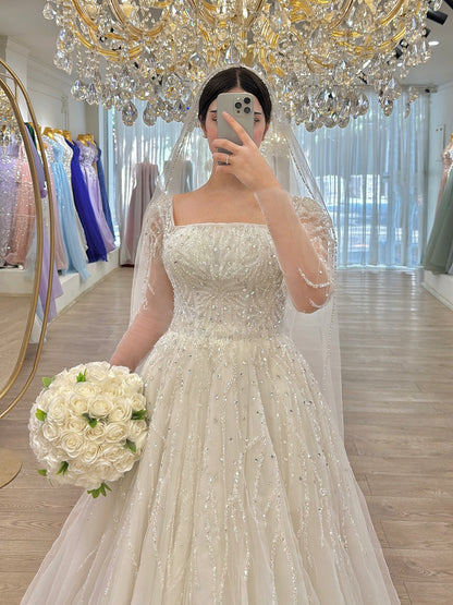 Square Neck Long Sleeve Beaded Tulle Wedding Dress