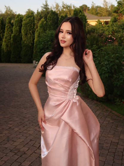 Strapless Satin Corset Evening Gown with Side Draping