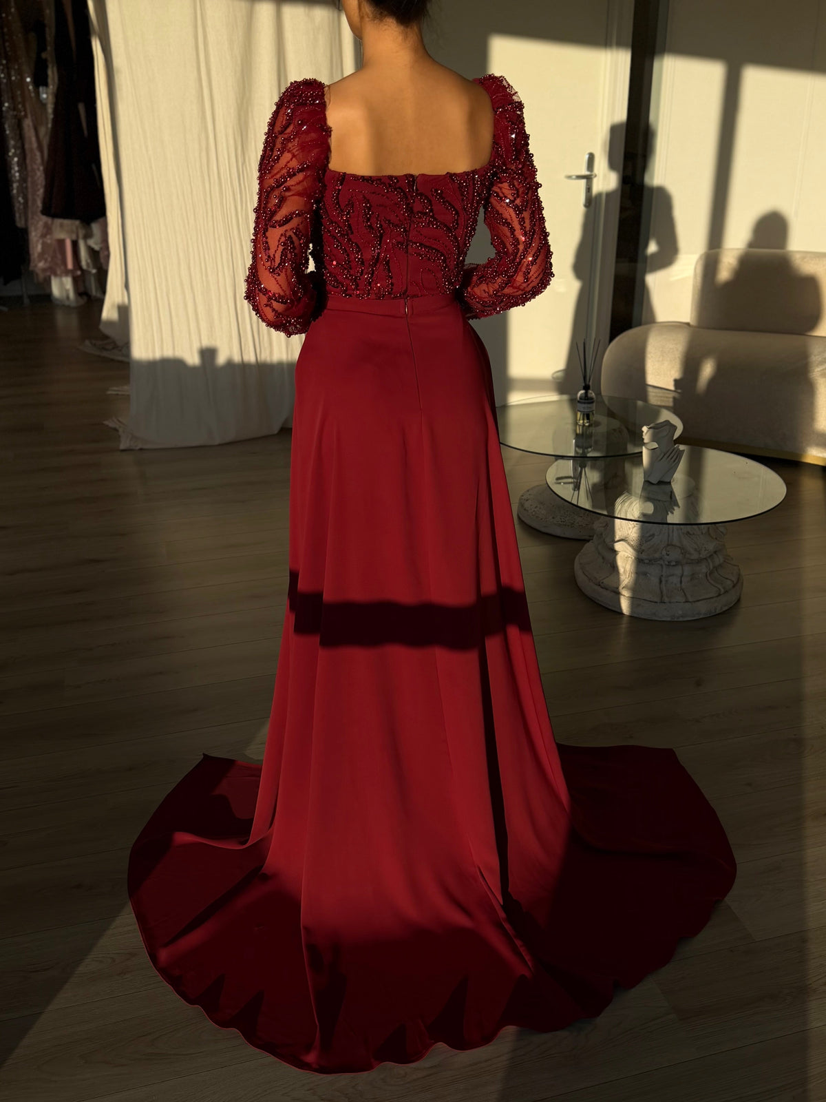Beaded Square Neck Long Sleeve Gown with Draped Skirt