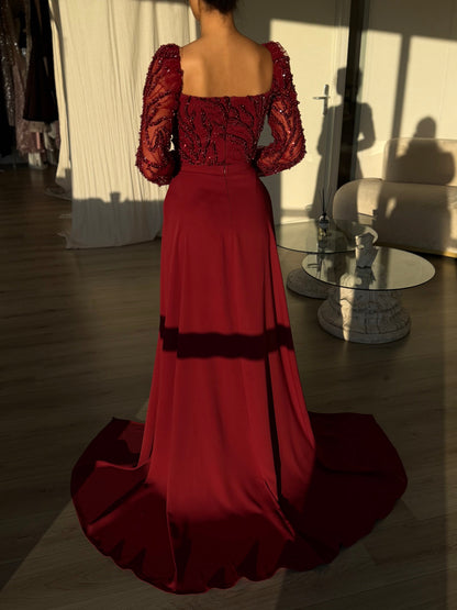 Beaded Square Neck Long Sleeve Gown with Draped Skirt