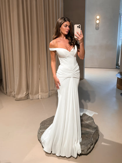 Off-the-Shoulder Draped Corset Wedding Dress