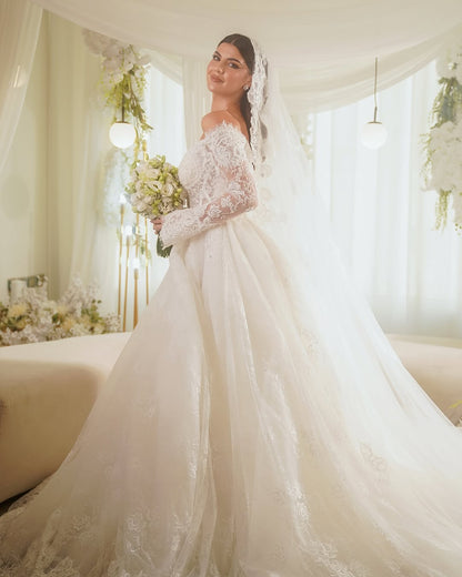 Off-Shoulder Lace Ball Gown Wedding Dress
