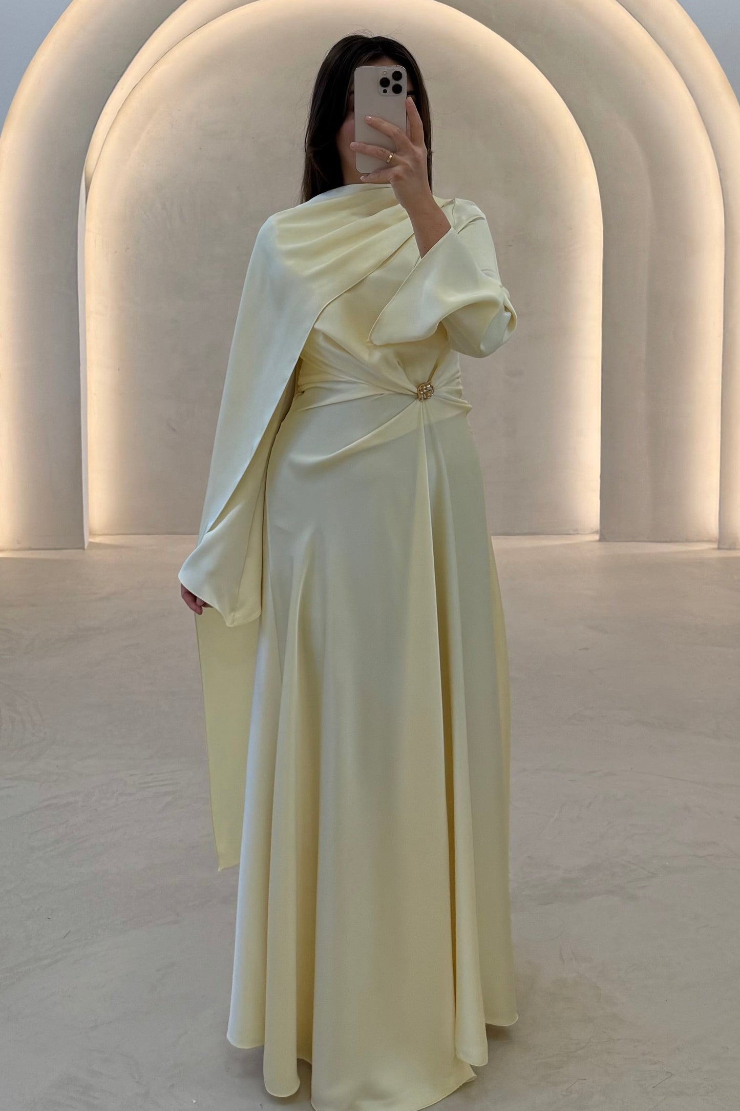 Asymmetrical Satin Evening Gown with Draped Cape
