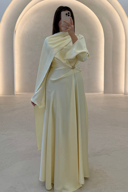 Asymmetrical Satin Evening Gown with Draped Cape