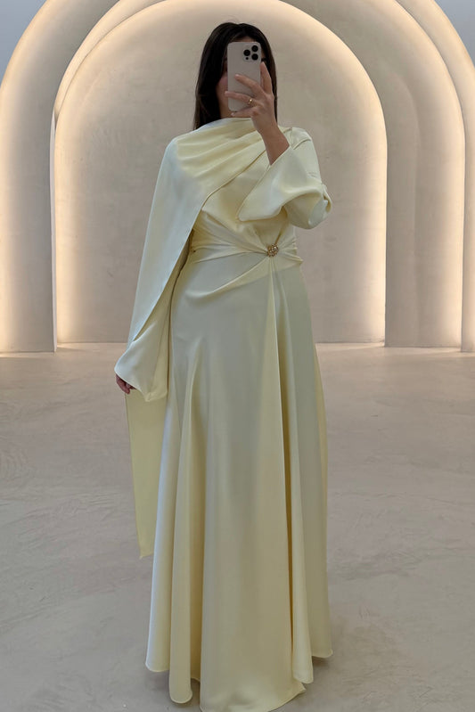 Asymmetrical Satin Evening Gown with Draped Cape