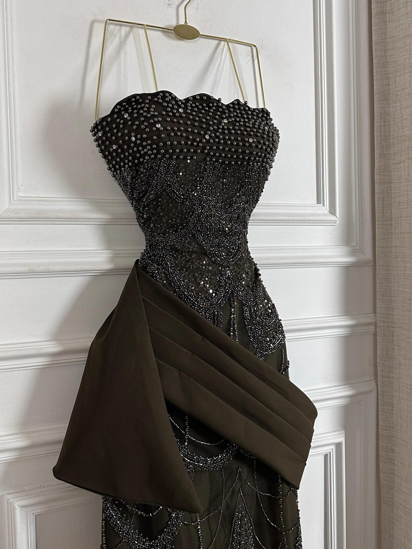 Beaded Mermaid Evening Gown with Satin Drape