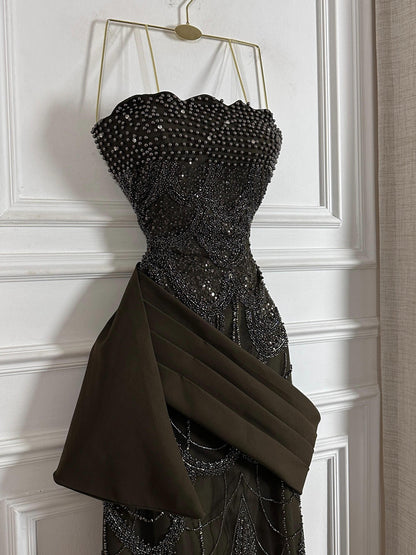 Beaded Mermaid Evening Gown with Satin Drape