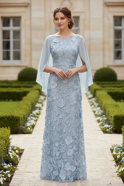 Dusty Blue Floral Appliqué Cape Sleeve Mother of the Bride Dress