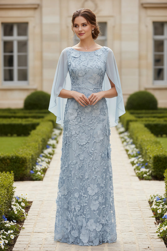 Dusty Blue Floral Appliqué Cape Sleeve Mother of the Bride Dress