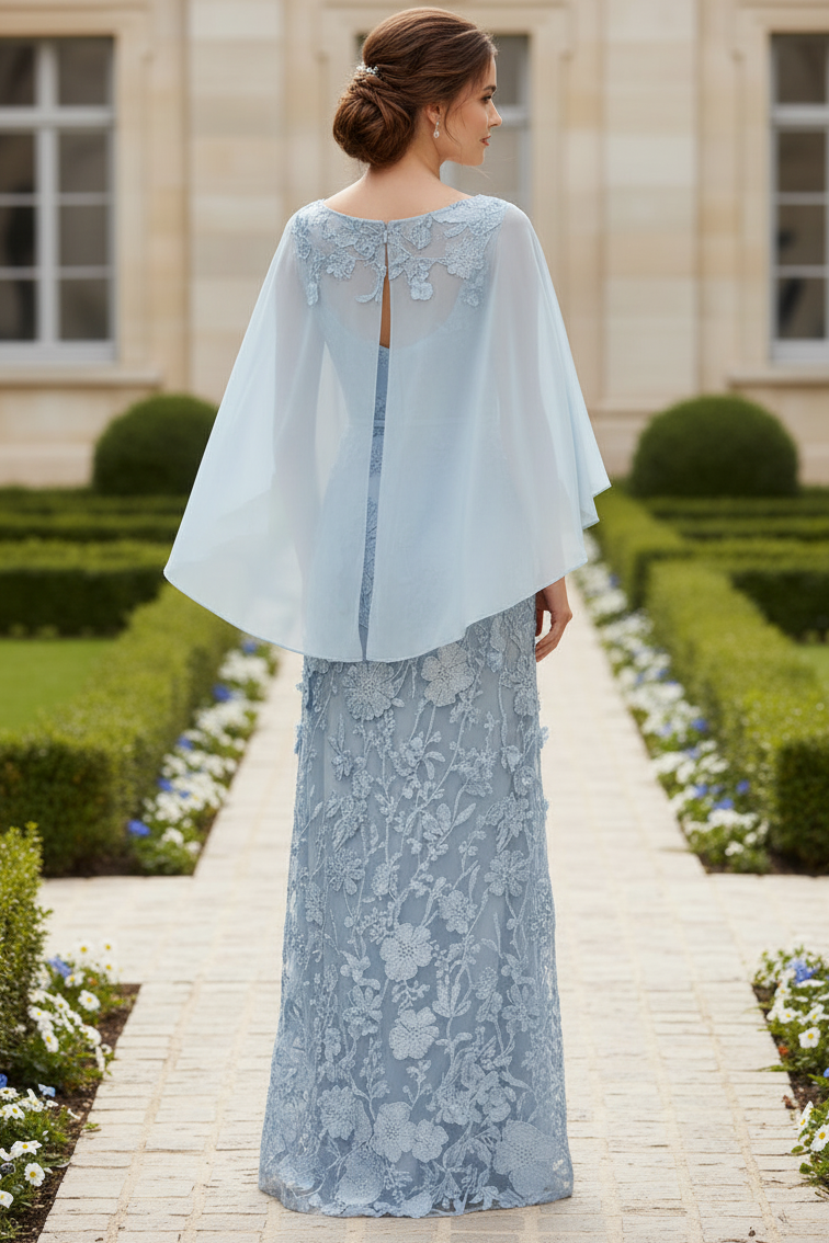 Dusty Blue Floral Appliqué Cape Sleeve Mother of the Bride Dress