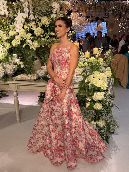 One-Shoulder Floral Brocade Evening Gown