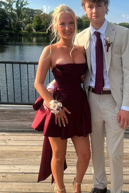 Strapless High-Low Satin Mini Dress with Bow Back