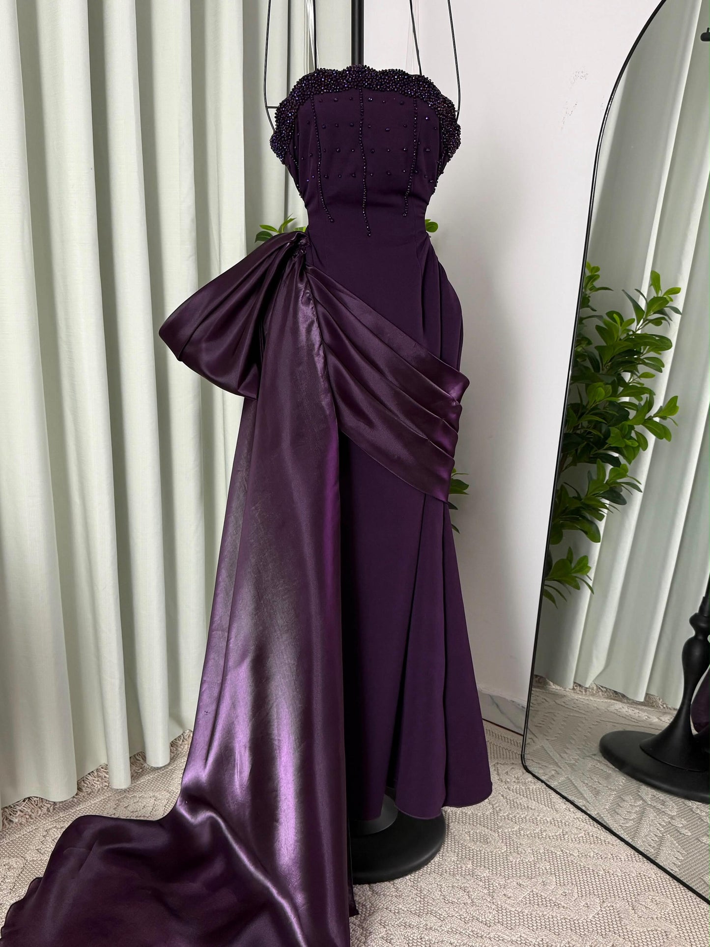 Strapless Side-Draped Evening Gown with Beaded Bodice