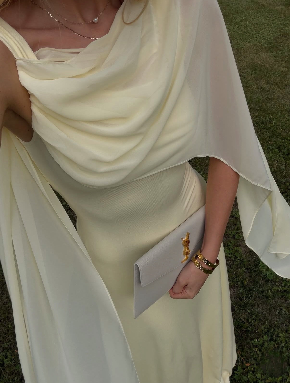 Asymmetrical Cape Draped Satin Evening Gown