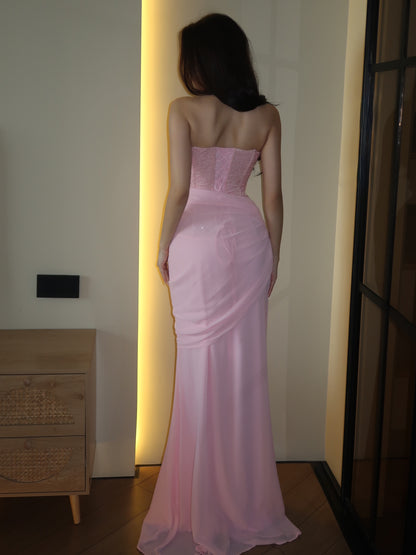 Halter Deep V-Neck Corset Draped Evening Gown