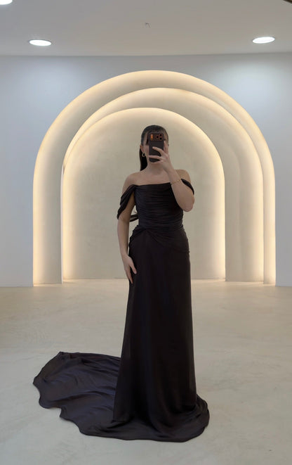 Off-the-Shoulder Draped Evening Gown with Corset Back