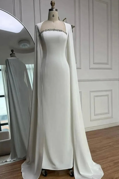 Minimalist Crepe Sheath Gown with Watteau Cape