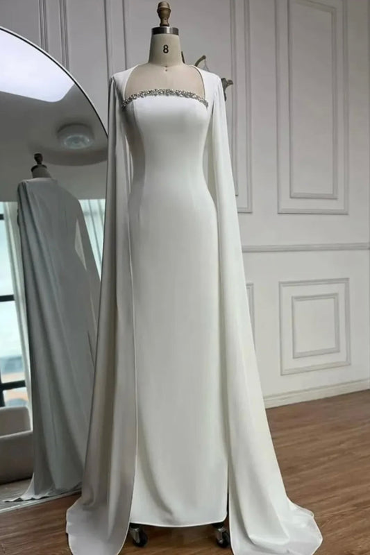 Minimalist Crepe Sheath Gown with Watteau Cape