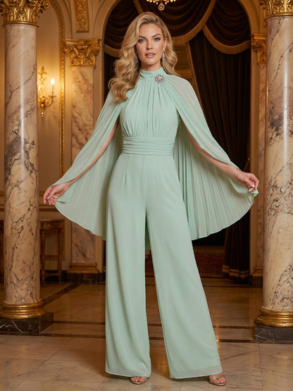 Elegant High Neck Cape Jumpsuit with Wide Legs
