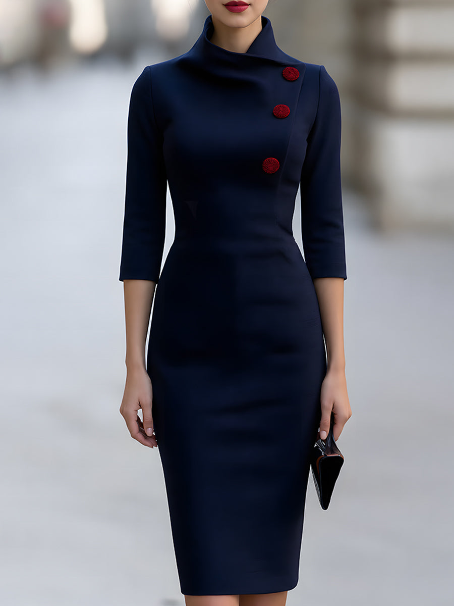 Asymmetrical High-Neck Midi Sheath Dress with Buttons