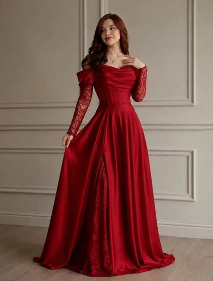 Off-Shoulder Corset Gown with Lace Underlay Slit