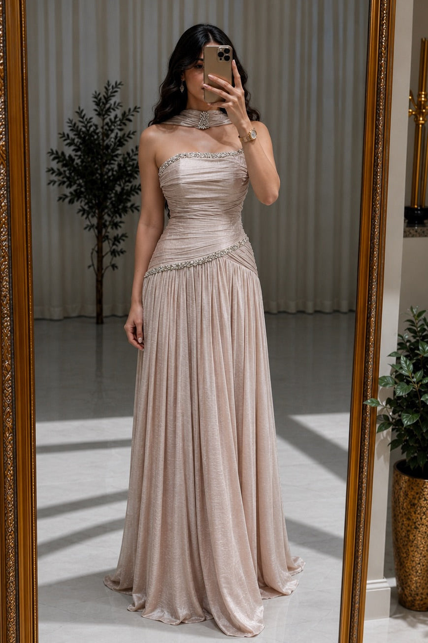 Ruched Crystal-Trim Evening Gown with Scarf