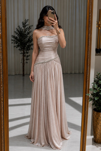 Ruched Crystal-Trim Evening Gown with Scarf