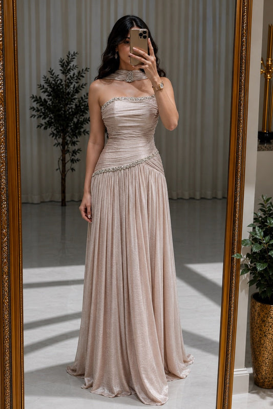 Ruched Crystal-Trim Evening Gown with Scarf