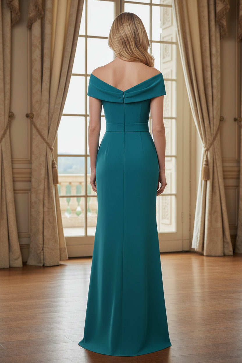 Off-the-Shoulder Belted Column Evening Gown