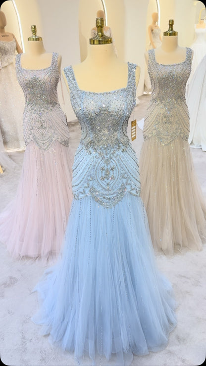 Beaded Drop-Waist Tulle Evening Gown